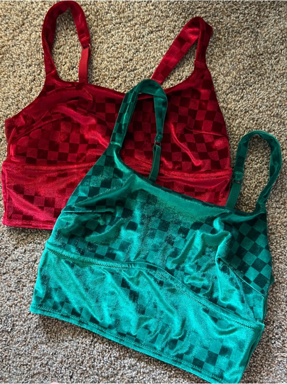 Colsie Velvet Check Bralettes — Red and Green